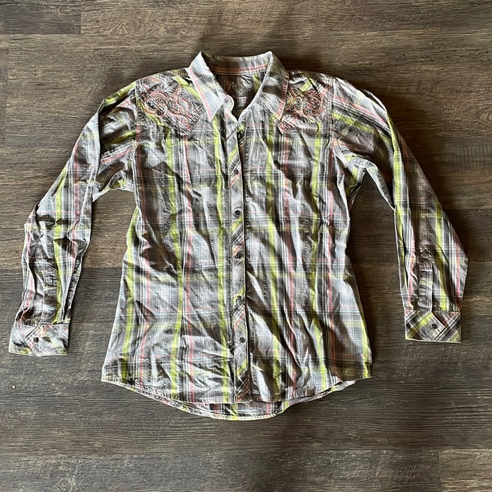 Wrangler rock 47 plaid snap button western shirt